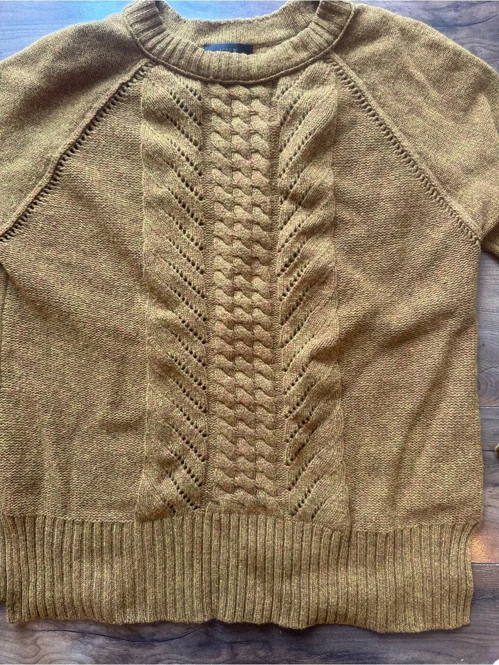 J.Crew 100% Wool Cable Knit Sweater Small Mustard Olive Crewneck Cozy